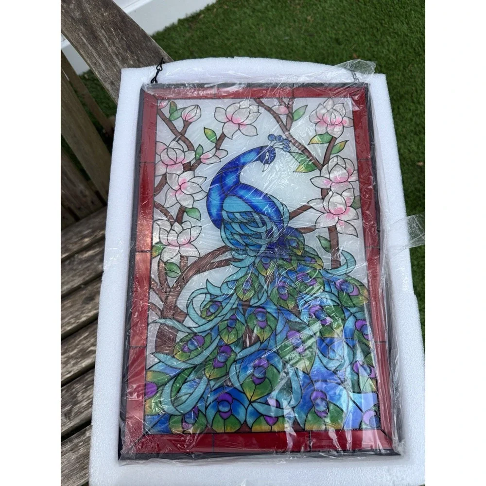 Peacock‎ Tiffany Style Stained Glass Window Panel Hangings with Chain NIB 15x10